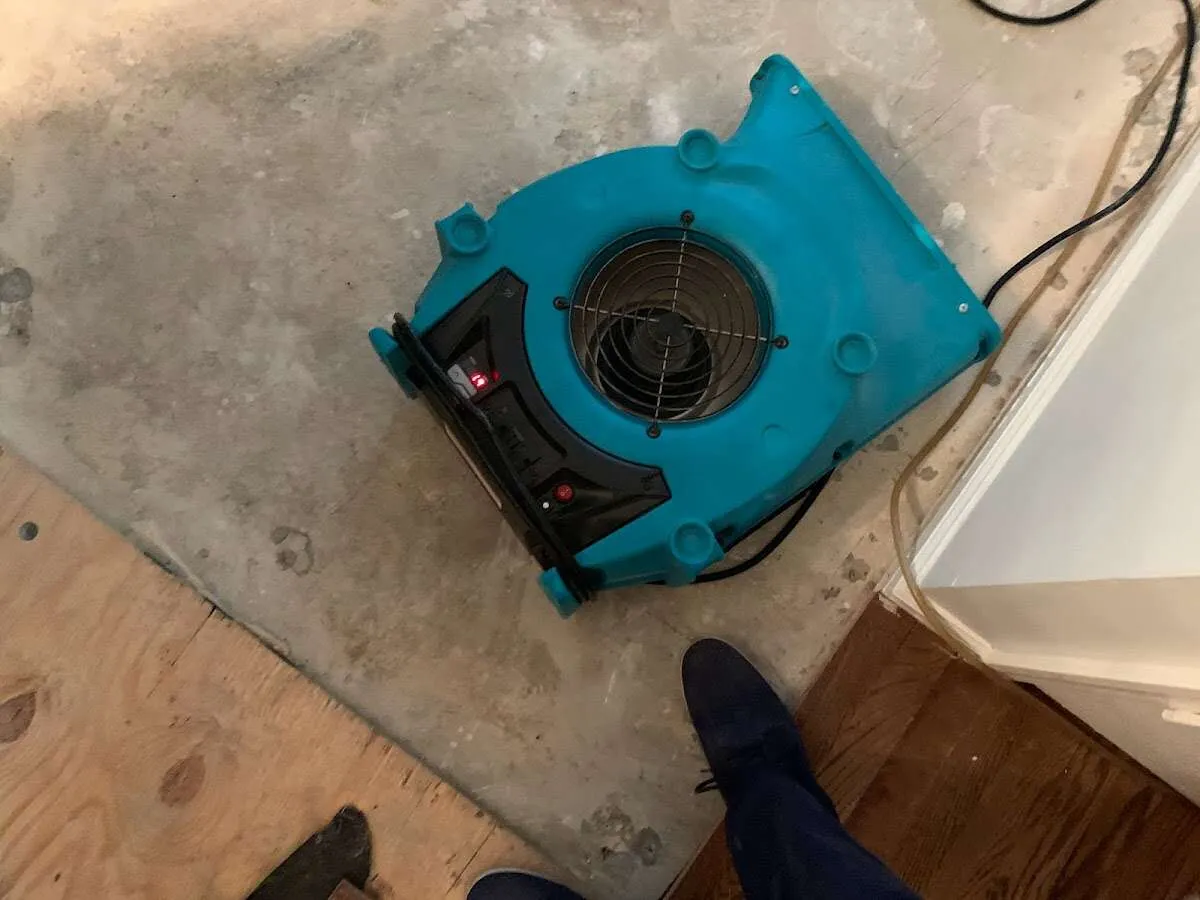 Air mover drying subfloor during Commercial Water Damage Restoration in Red Oak